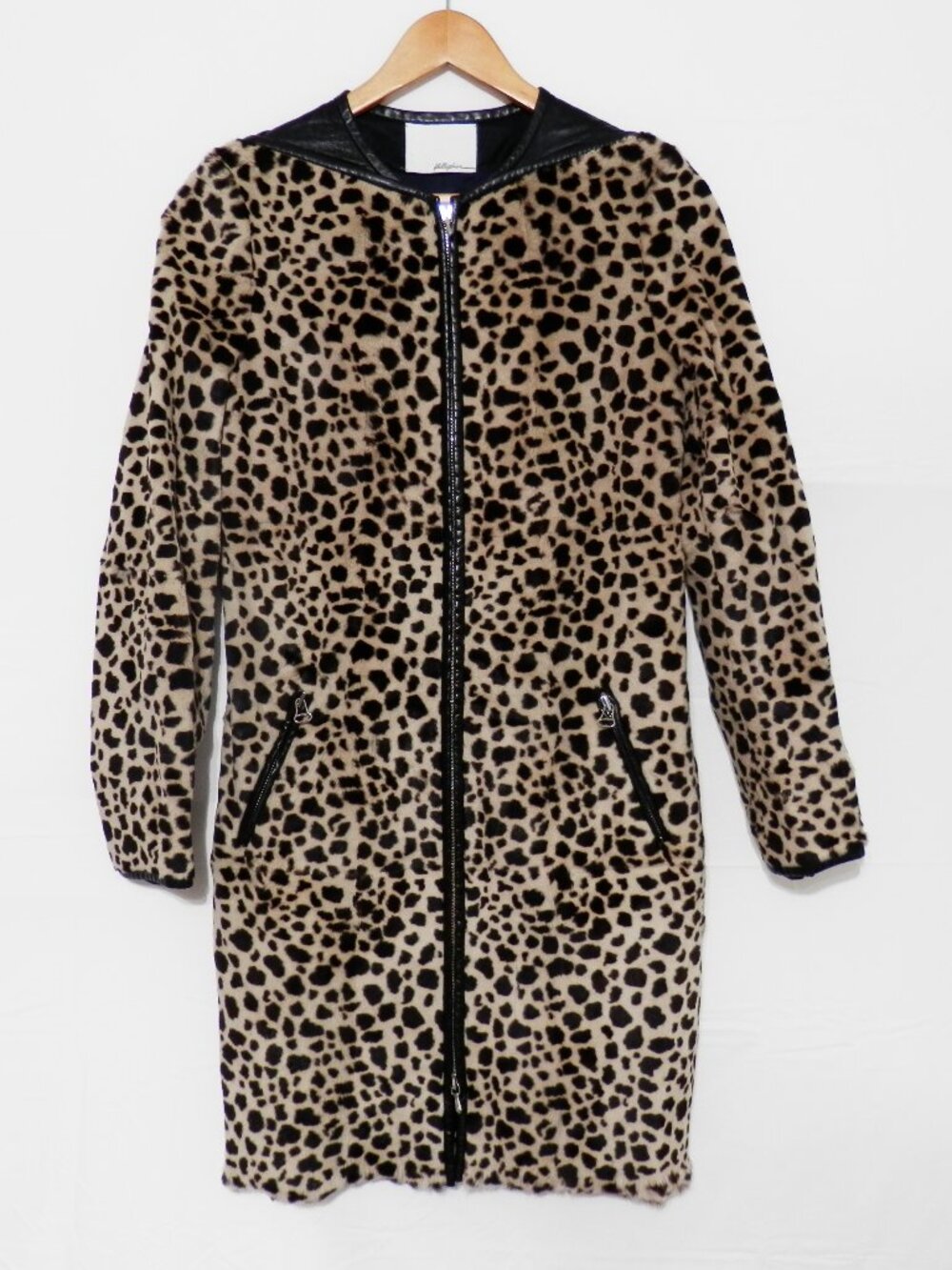 3.1 Phillip Lim Plush Faux Leopard Print and Leather Long Coat, Size S